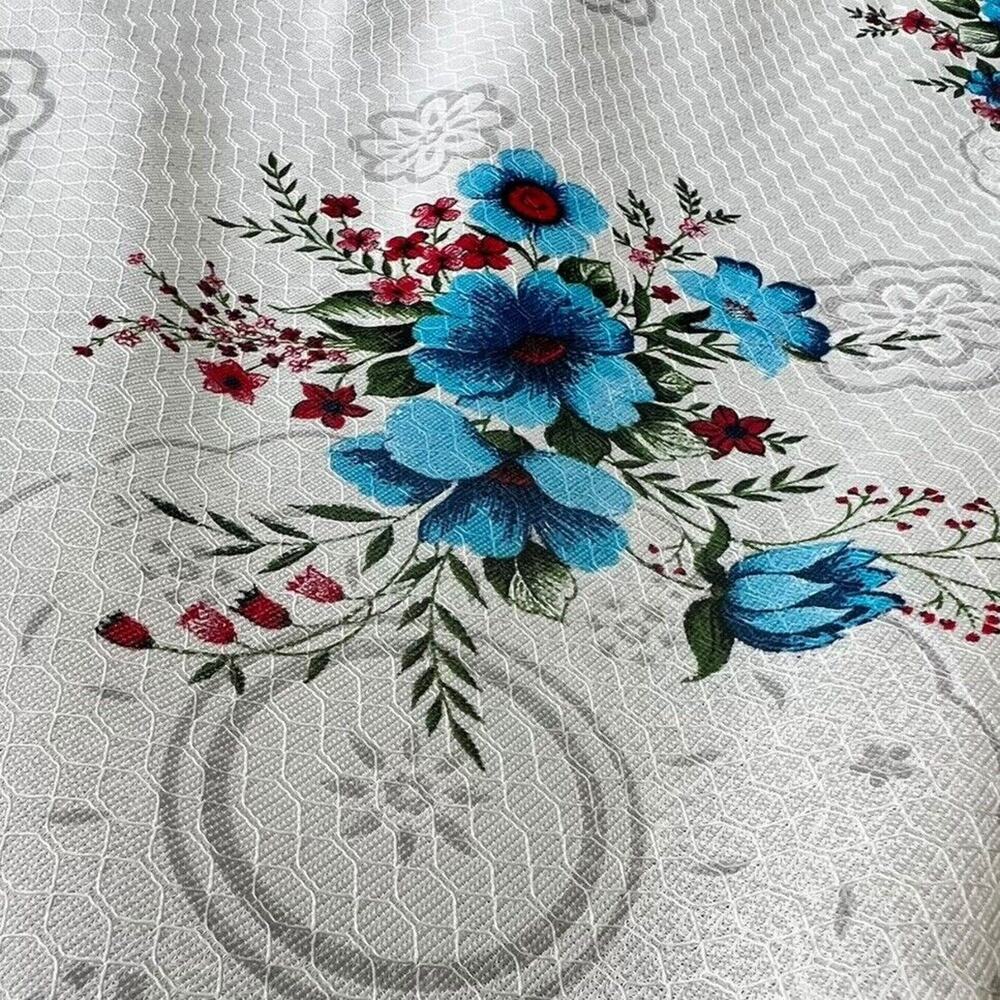 VTG Blue Floral Lace Trim Tablecloth Baroque Texture Satin 62x90” Rectangle Boho